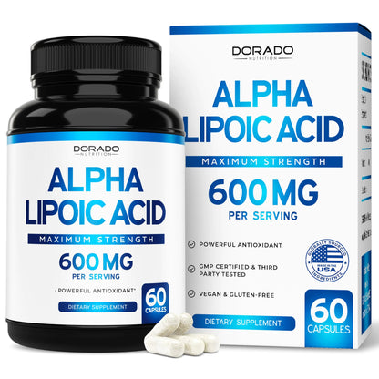 Alpha Lipoic Acid 600mg per Serving 60 Capsules (Third Party Tested Non-GMO Gluten Free & Vegan Safe) Potent Antioxidant for Neuropathy and Cardiovascular Health (ALA Supplement) - USA Made