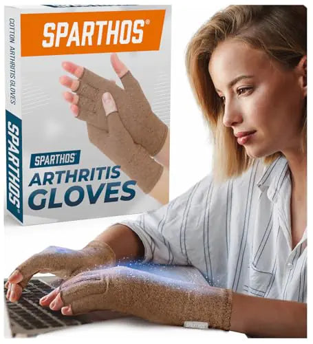 Sparthos Arthritis Hand Compression Gloves - Helps With Carpal Tunnel Neuropathy & Artritis Pain - Support Your Hands While Typing - Fingerless Circulation Glove - Fits Men & Women (Beige - Medium)